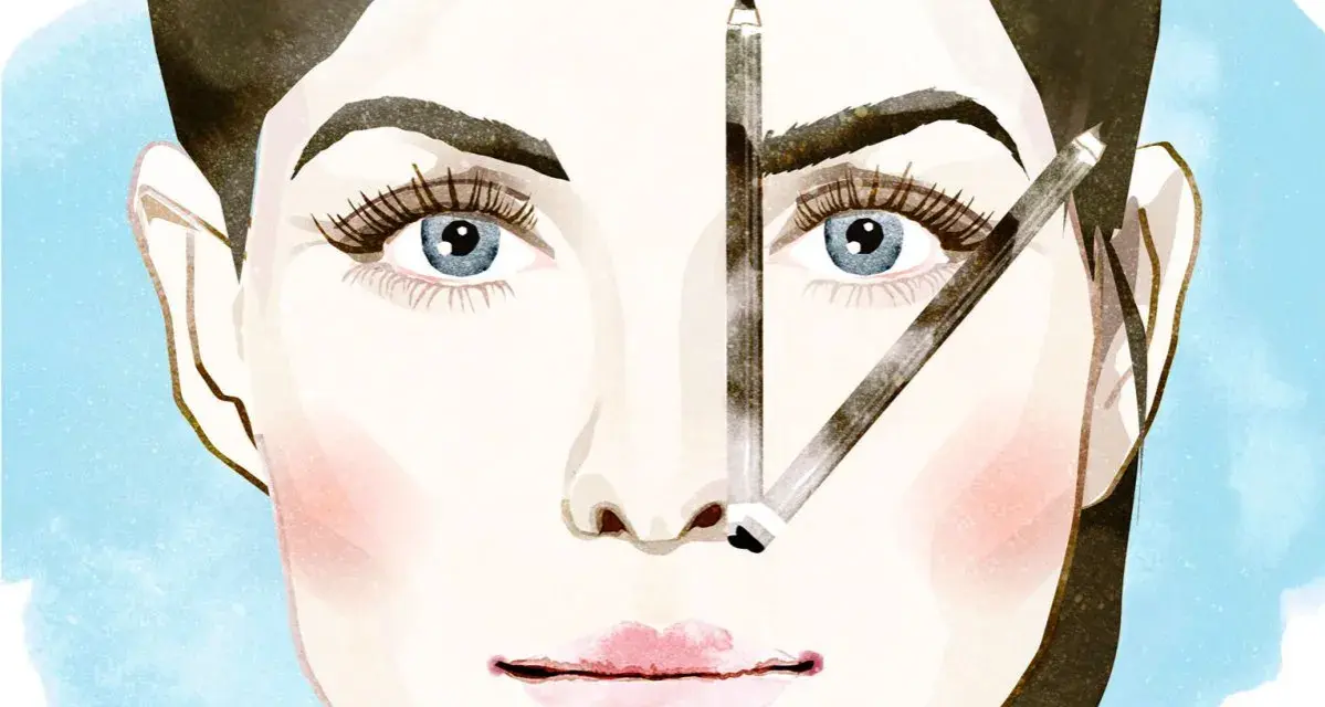 Illustration einer Frau mit blauen Augen und drei Bleistiften im Gesicht, die auf Augenbrauen und Nase zeigen.