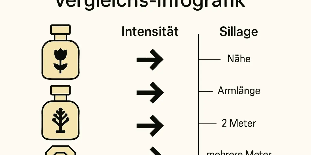 Infografik mit Parfumflaschen, Pfeilen für Intensität und Skala für Sillage (Nähe, Armlänge, 2 Meter, mehrere Meter).
