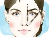 Illustration einer Frau mit blauen Augen und drei Bleistiften im Gesicht, die auf Augenbrauen und Nase zeigen.