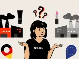 Frau mit Fragezeichen überlegt zwischen Fabriken, Kosmetikprodukten, Deutschland- und EU-Symbolen.