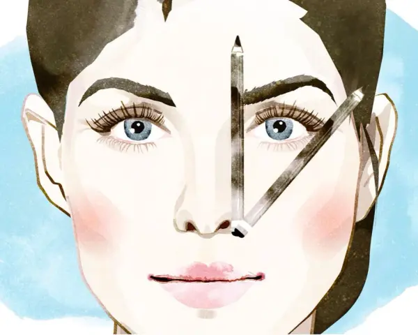Illustration einer Frau mit blauen Augen und drei Bleistiften im Gesicht, die auf Augenbrauen und Nase zeigen.